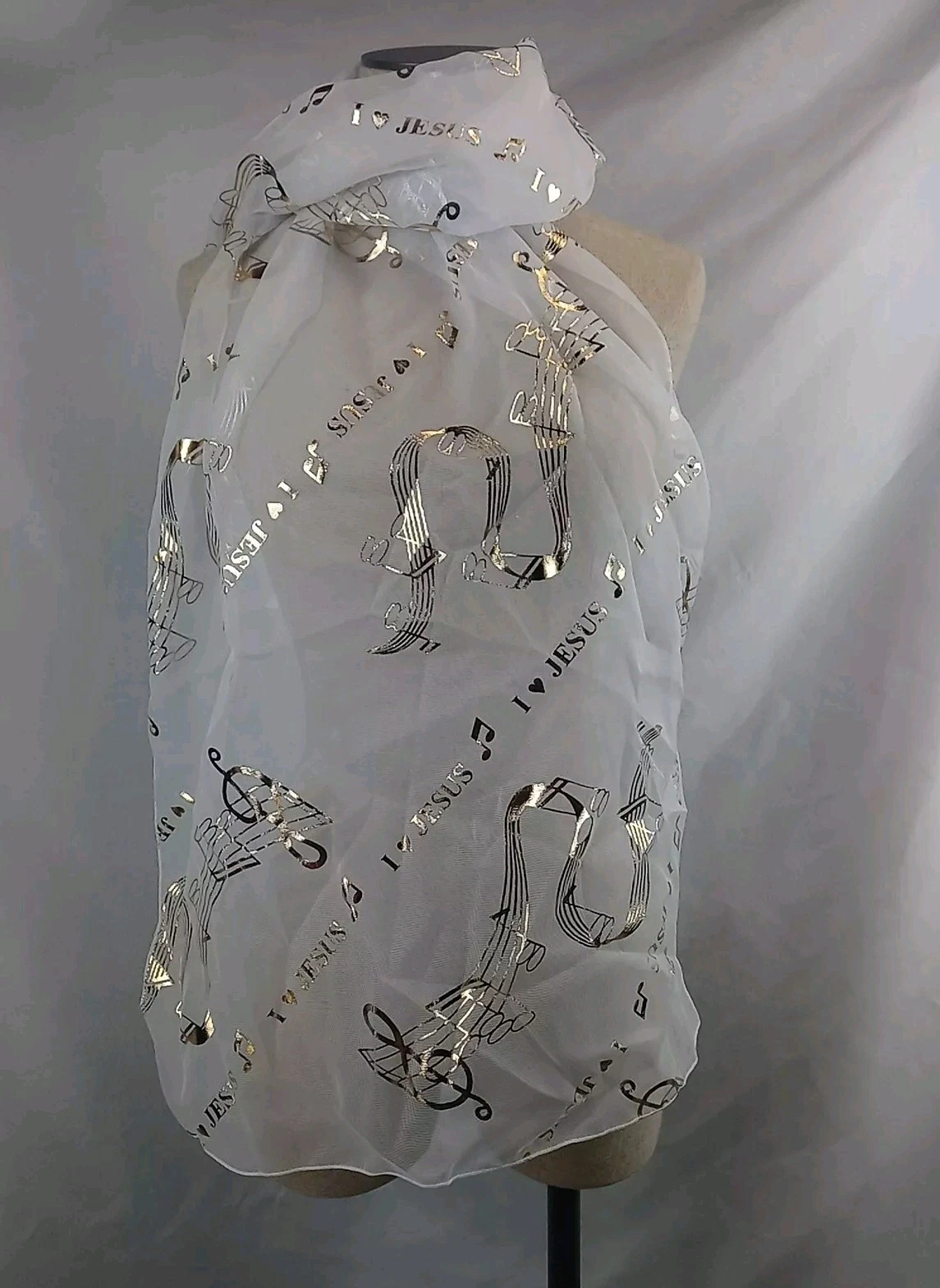 Note de musique foulard transparent Christian j'aime Jésus blanc et or foulard mode femme