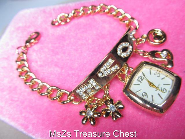 Gold Colored Charm Bracelet Square Face Watch, w Battery, Crystals Gift  Box