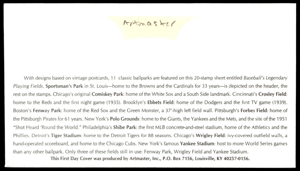 2001 Forbes Field FDC Baseball's Legendary Playing Fields Artmaster Cachet - Image 2 of 2