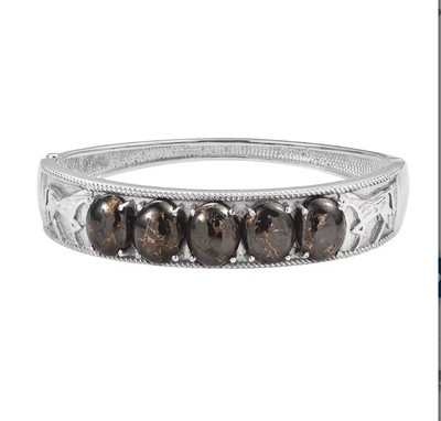 Matrix Silver Shungite 20.65 ctw Horse Bangle Bracelet in Stainless Steel 7.25In