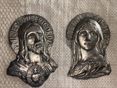Vintage Sacred Heart of Jesus & Immaculate Heart of Mary Metal Wall Plaques 1924