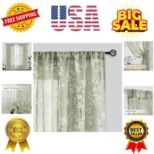 Linen Sheer Curtains for Bedroom, Sage Green Blossom Print Curtains 84 Inches...