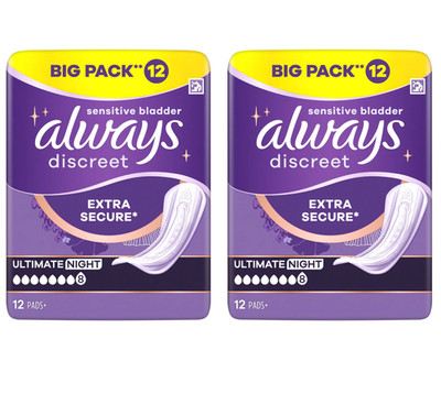 Always Discreet Incontinence Pads Sensitive Bladde Ultimate Night 12 PACK OF 2