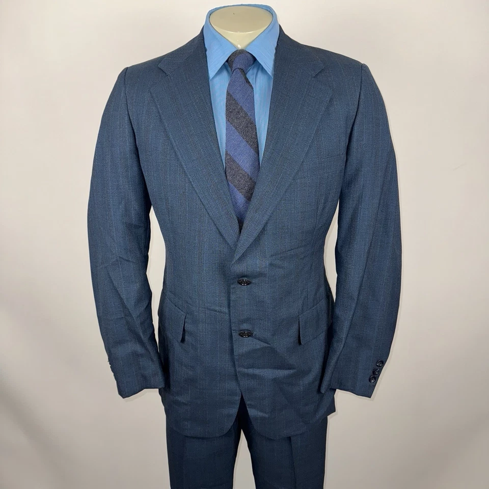 NOS Botany Suit Mens 42 Long Jacket 36 Pants Unhemmed Blue Striped Vtg 1960s MCM - Image 2 of 4
