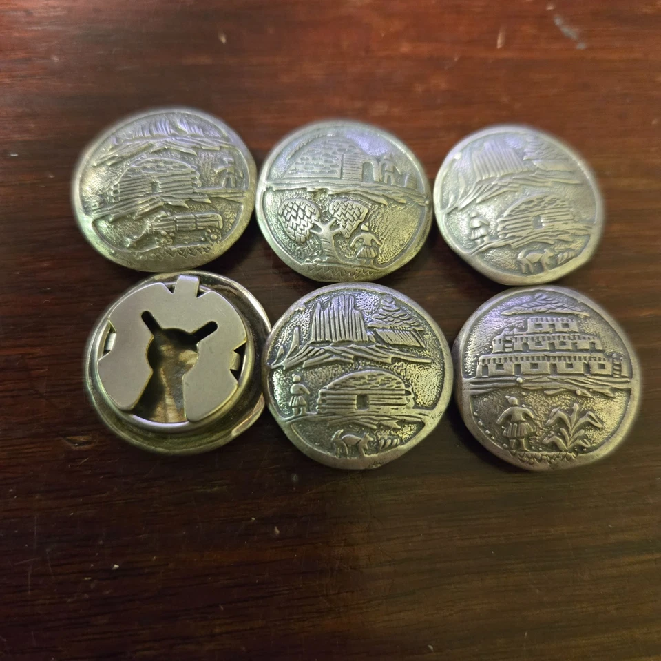 Винтажный лот из 6 чехлов на пуговицы серебряная картина коренных американцев 7/8 дюйма - Изображение 2 из 4
