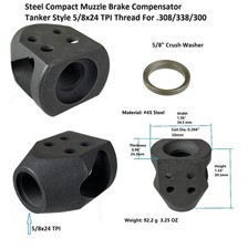 Steel Compact Tanker Style Muzzle Brake 5/8x24 TPI For 308 300BLK 338 7.62x39mm