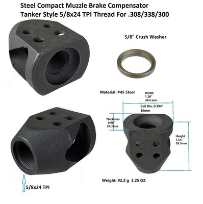 Steel Compact Tanker Style Muzzle Brake 5/8x24 TPI For 308 300BLK 338 7.62x39mm