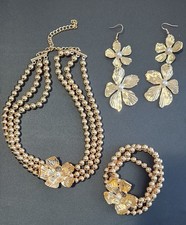 Layered Gold Bead  Pearl Flower Necklace, Earrings,  Bracelet Set - Gold