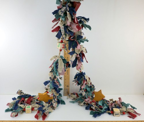 Fabric Rag Garland 8ft Farmhouse Rustic with Wood Stars, Letter & Number Blocks