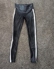 Spanx Women  s Faux-Leather Stripe Leggings Black White Stretch Medium