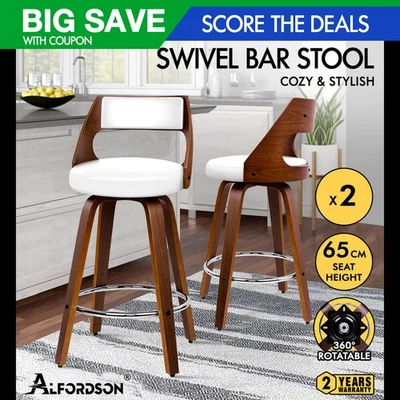 ALFORDSON 2x Swivel Bar Stools 65cm Eden Kitchen Wooden Dining Chair White - image 1 of 4