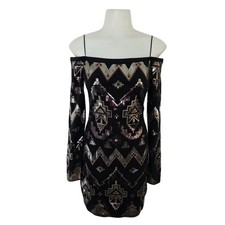 Vintage Express Metallic Aztec Sequin Off The Shoulder Long Sleeve Mini Dress SM