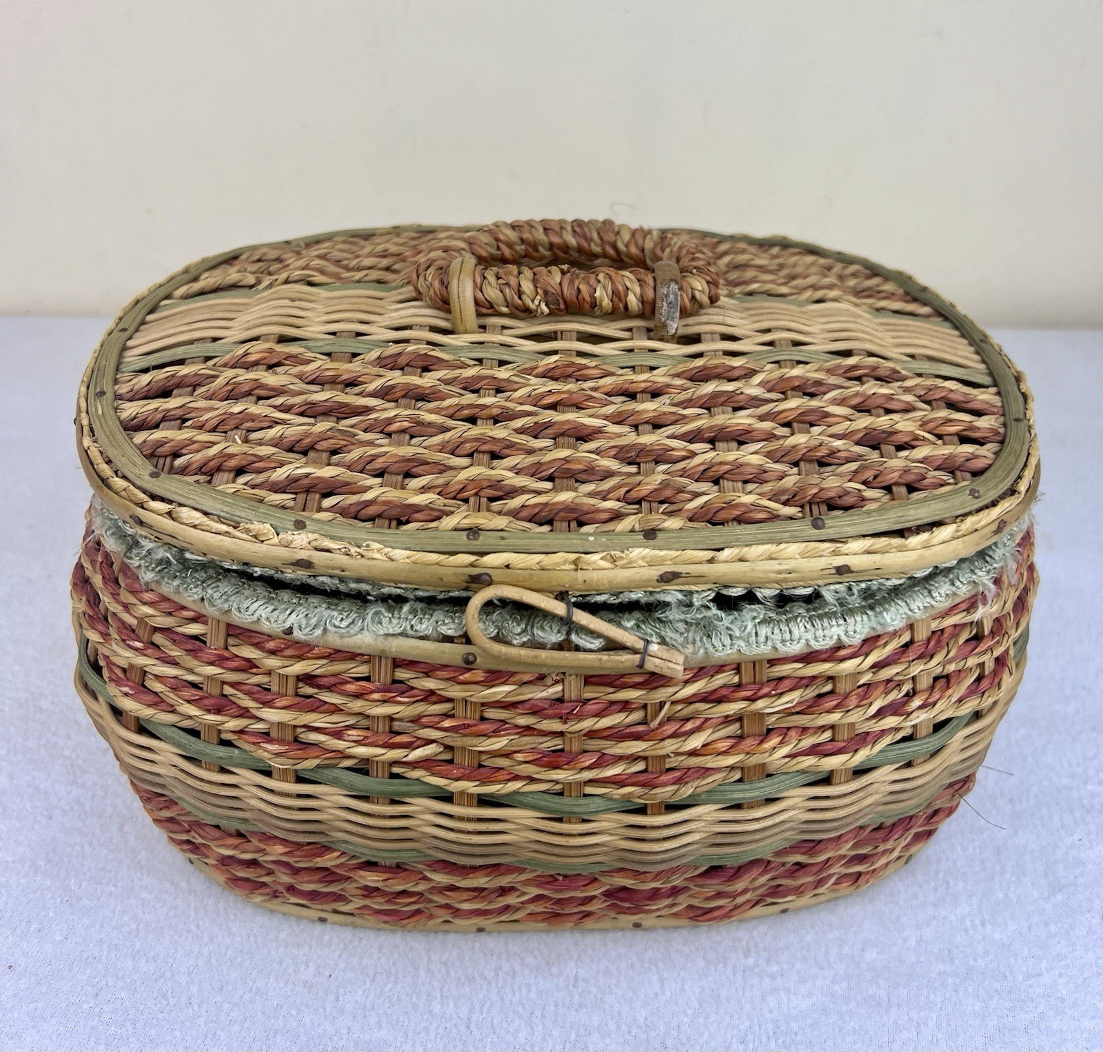 Vintage Sewing Basket Faux Ratan Wicker Sea Foam Green Satin Lining Japan 10.5”