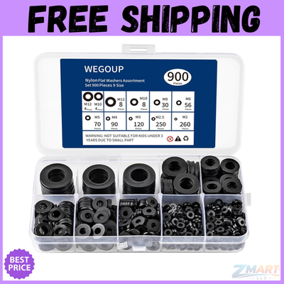 #ad #ad 900 Piece Nylon Flat Washer Assortment Kit Black Plastic Flat Washers for Bolts $9.97