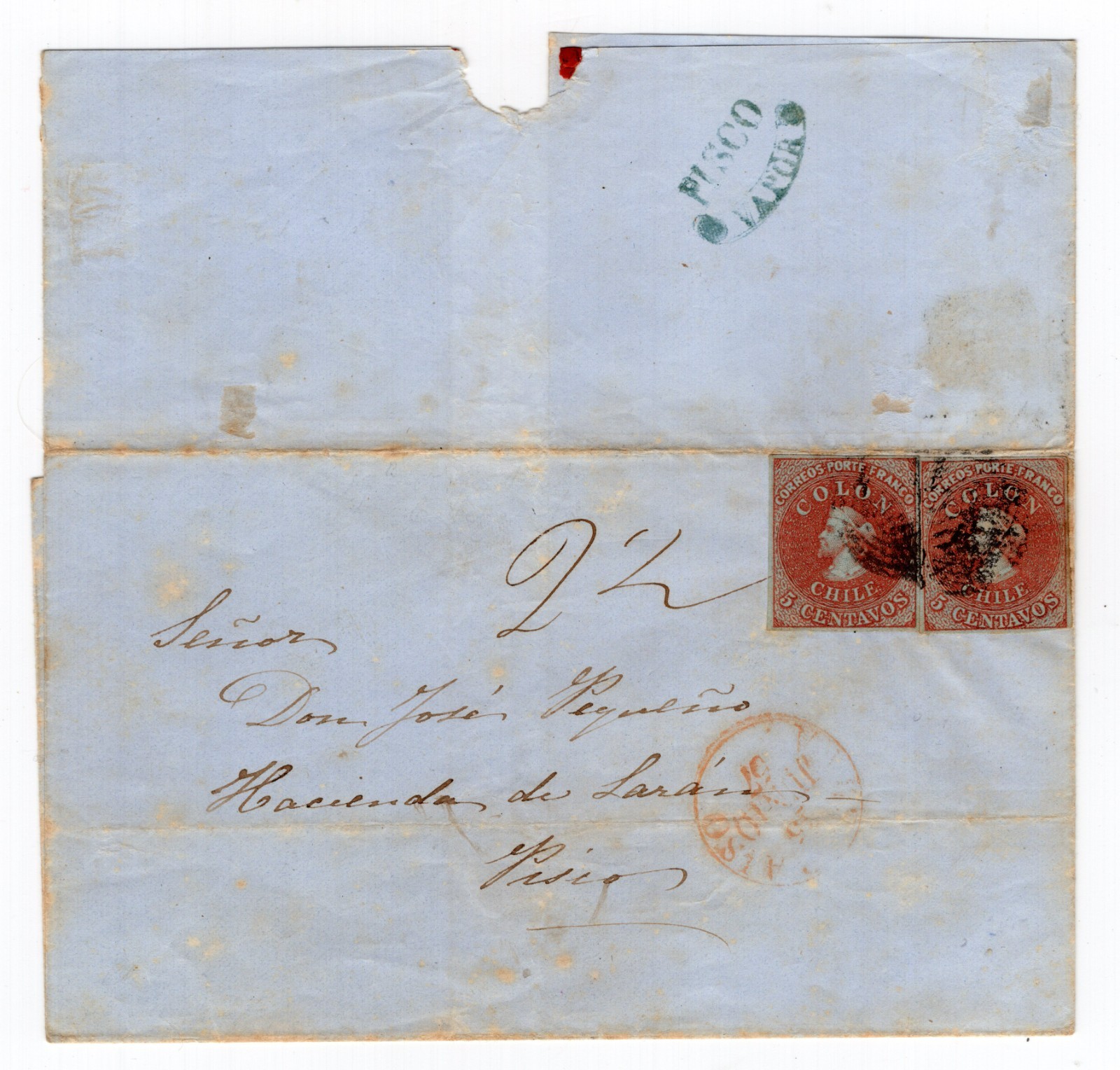 Chile 1857 June 15 Valparaiso to Pisco Peru scarce cancel VAPOR PISCO