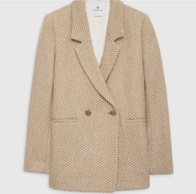 Anine Bing Fishbone Blazer Herringbone Size Medium Tan Cream Career Classic Wool