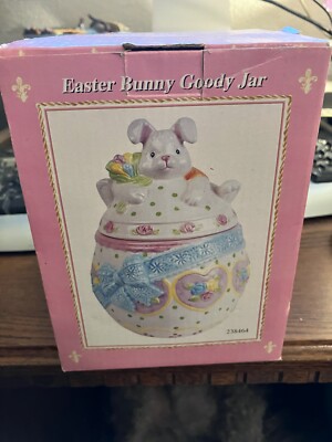 Easter Bunny Goody Jar Ceramic High Gloss 8'' tall, 5'' wide, CIB #238464