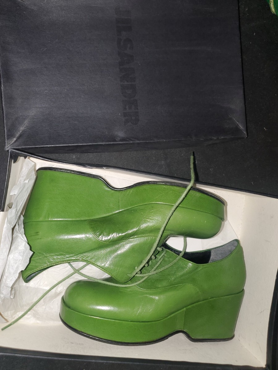 NEW Size US 8W Jil Sander Green Wedge Oxford Leather Lace Up NEW Size US 8W Jil Sander Green Wedge Oxford Leather Lace Up