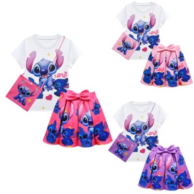 Mädchen Lilo Stitch Kostüm T-Shirt Top Plissee Rock Outfit Party Fancy Kleid DE