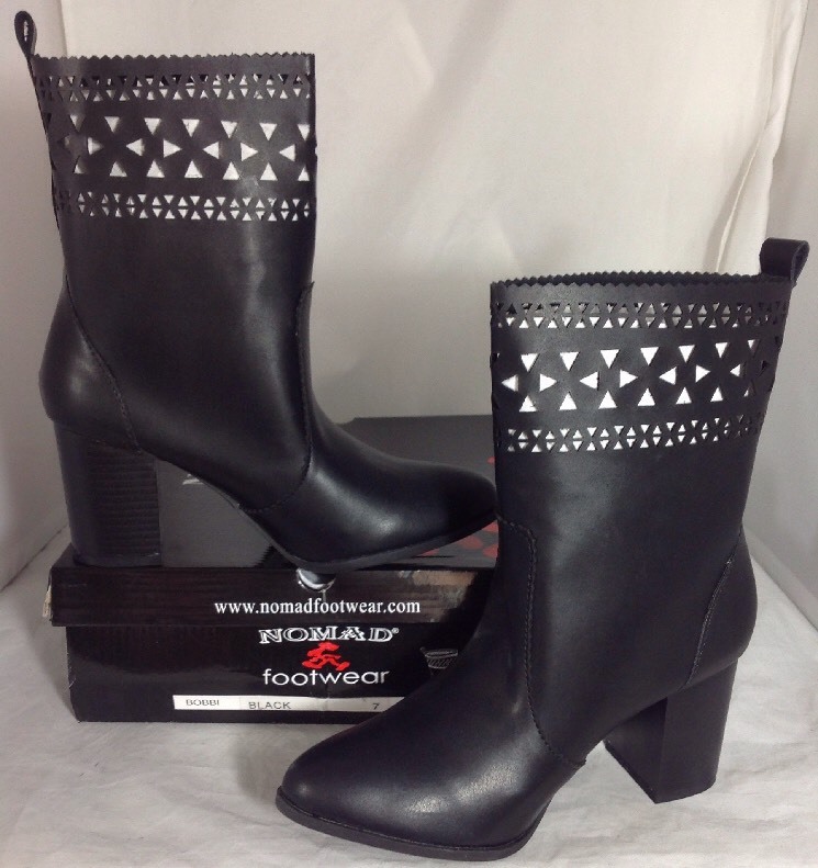 NEW NOMAD Black Leather Boots Size Womens Heels Diamond Peek Cut