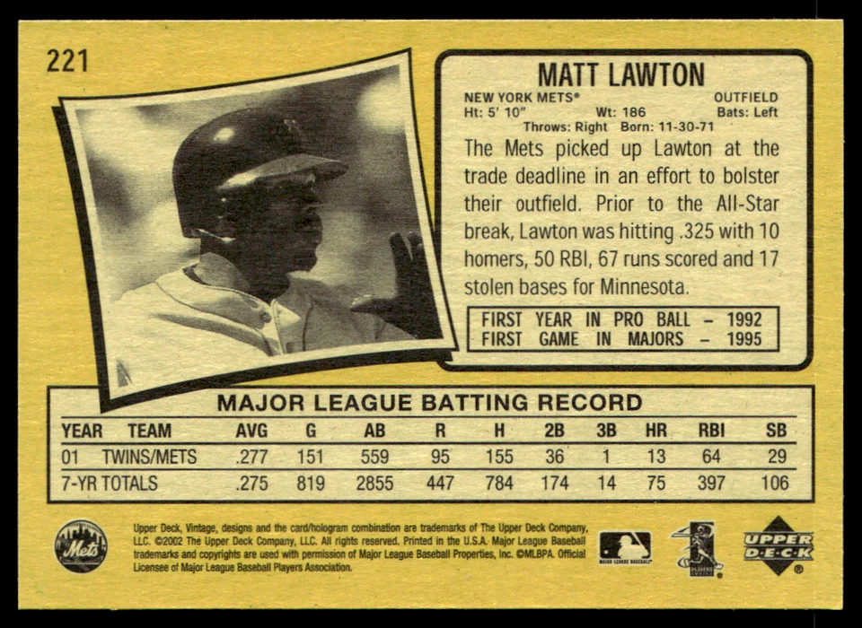 2002 Upper Deck Vintage - Matt Lawton #221 - Image 2 of 2