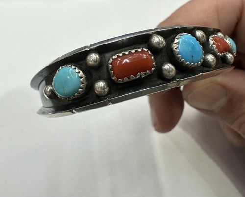 Navajo Native American Turquoise & Red Coral Handmade Bracelet By Reed Charley - Picture 12 of 13