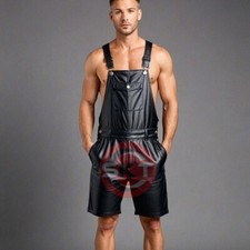 Men's Genuine Leather Black Overall Bib Romper Shorts Jumpsuit Party Clubs