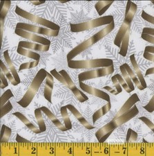 Mook Fabrics Christmas Gold Ribbons Silver Snowflakes 100 Cotton Fabric By the