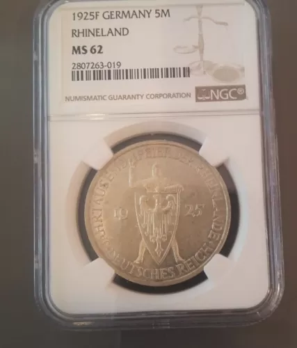 Rare 1925 F Weimar Germany  5 Mark 1000 Year Rhine-Medieval Knight- NGC MS 62