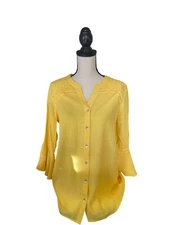 Kim Rogers Womens Blouse Medium Yellow Button-Down Bell Sleeves Lace Trim Retro