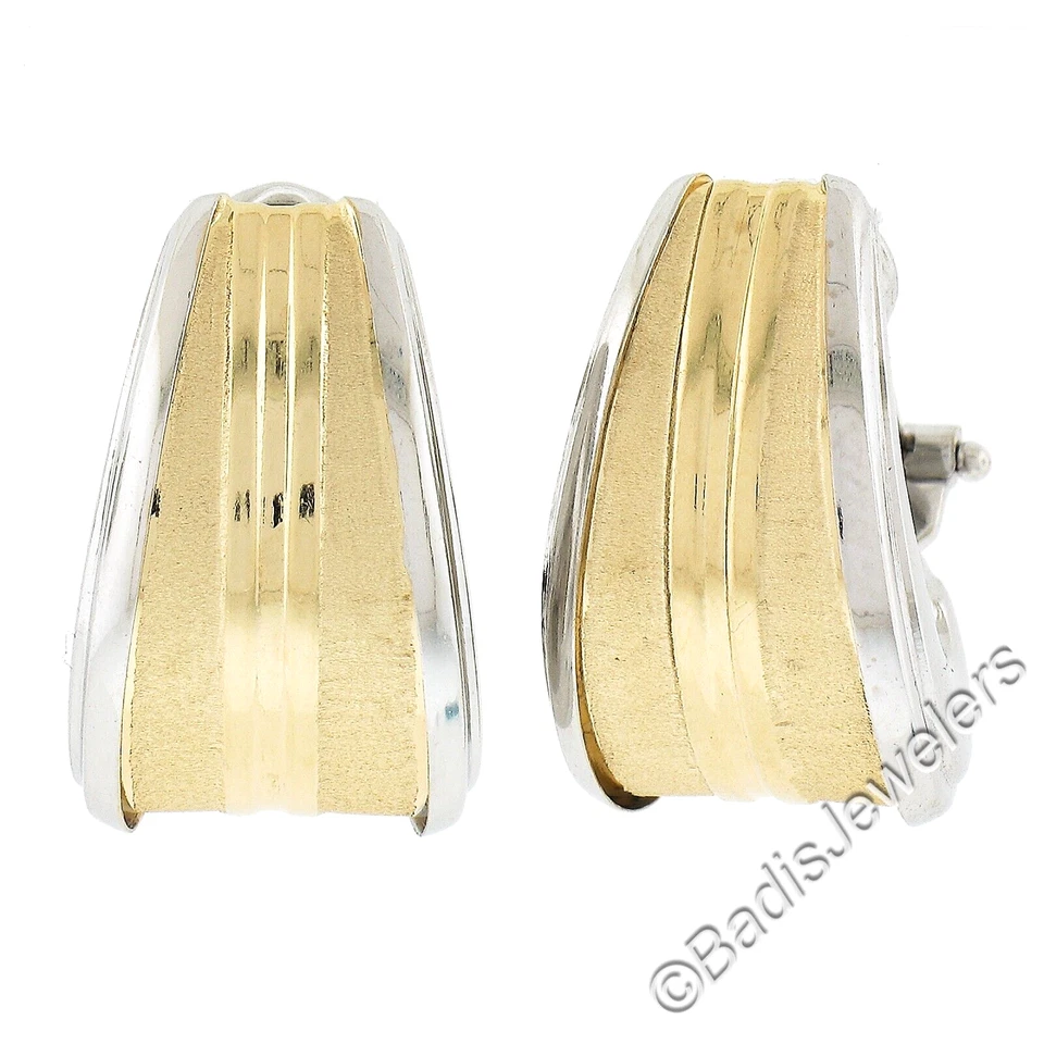 Solid 18K Yellow & White Gold Textured Polished Grooved Cuff Omega Earrings - Image 2 of 4