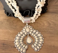 Boho Southwestern Style Statement Message White Stone Chip Beads Squash Blossom