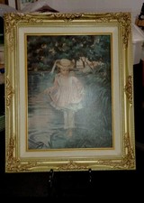Vtg Art Lithograph. Girl in Creek-Nature, with Ornate-Gold-Baroque-Frame
