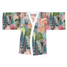 Whimsical Forest Print Long Sleeve Kimono Robe Cozy Loungewear, ...