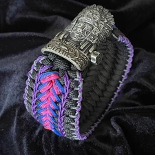Paracord Bracelet,  white brass Aztec head clasp, stitched