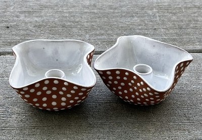 Two Vintage MCM Zeuthen Denmark Red Ware Polka Dot Candle Holders