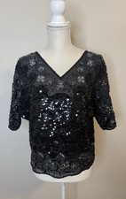 Gorgeous Vintage Beaded Sequined Short Sleeve Black Chiffon Blouse Sz M/L