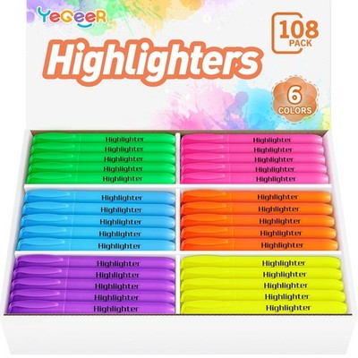 Highlighters, Chisel Tip Dry-Quickly Highlighter Markers, 108 Count-6 Assorte...
