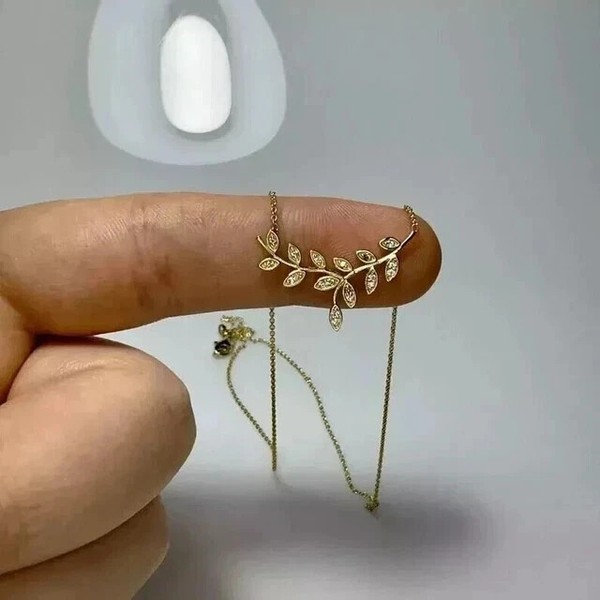 Alternate view of Round Cut White Moissanite Leaf Necklace Pendant 14k Yellow Gold Plated