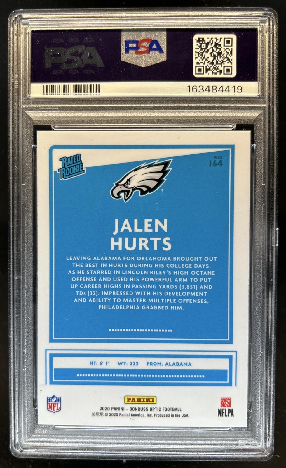 2020 Panini Donruss Optic Jalen Hurts Rookie RC #164 Eagles PSA 10 GEM MINT view 2