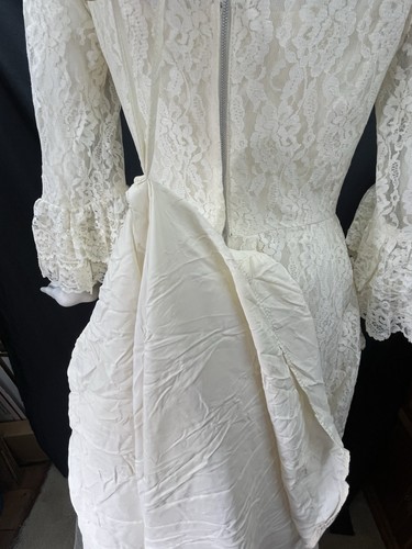 Vestido de novia eduardiano vintage años 60 70 marfil drapeado encaje volantes lentejuelas manga M - Imagen 15 de 21