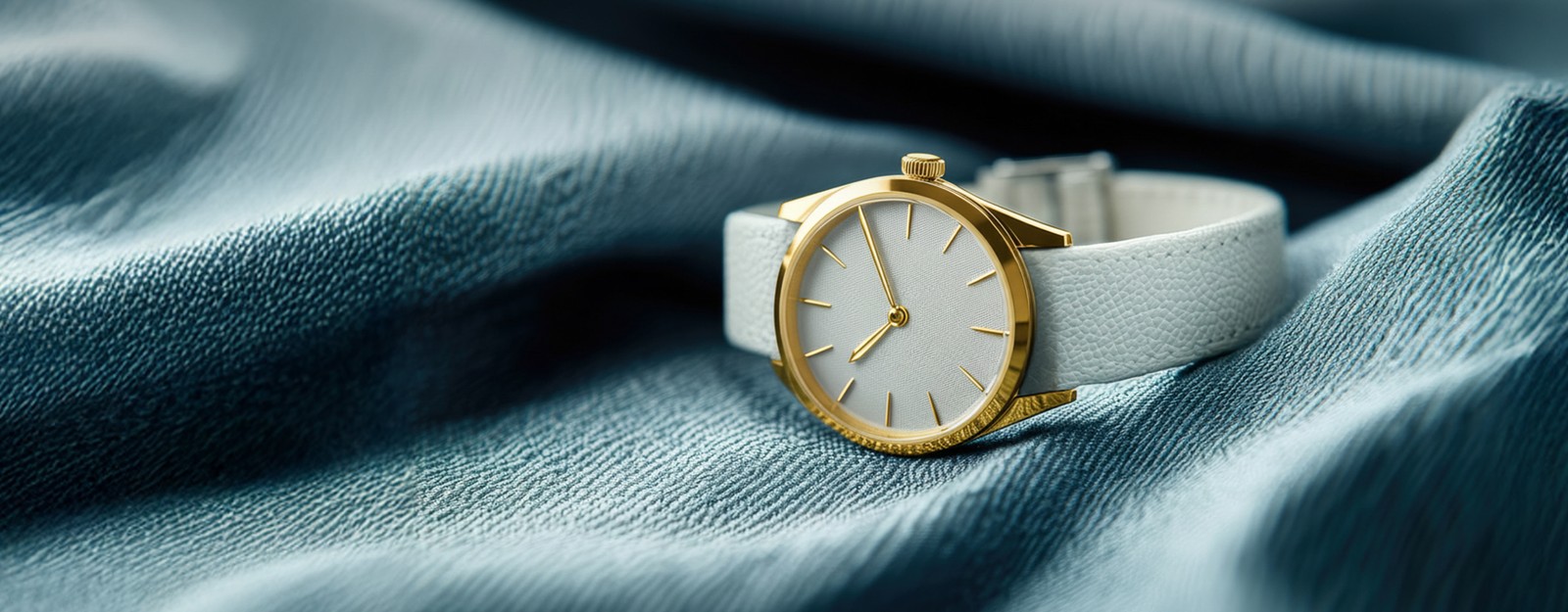 Eine goldene Armbanduhr mit weißem Lederarmband und weißem Zifferblatt liegt auf blaugrauen, weich fallenden Stoff.