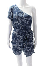 Love Shack Fancy Womens Cotton Floral Print One Shoulder Mini Dress Blue Size S