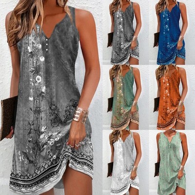 Damen Blumen Sommerkleid Reisekleid V-Neck Trägerkleid Strandkleid Freizeitkleid