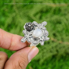 Valentines Sale Rainbow Moonstone Gemstone Solitaire Flower Wife Ring 925 Silver