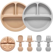 Silicone Baby Plates and Utensils Set 2 Pack Divided Plates with Suction Base