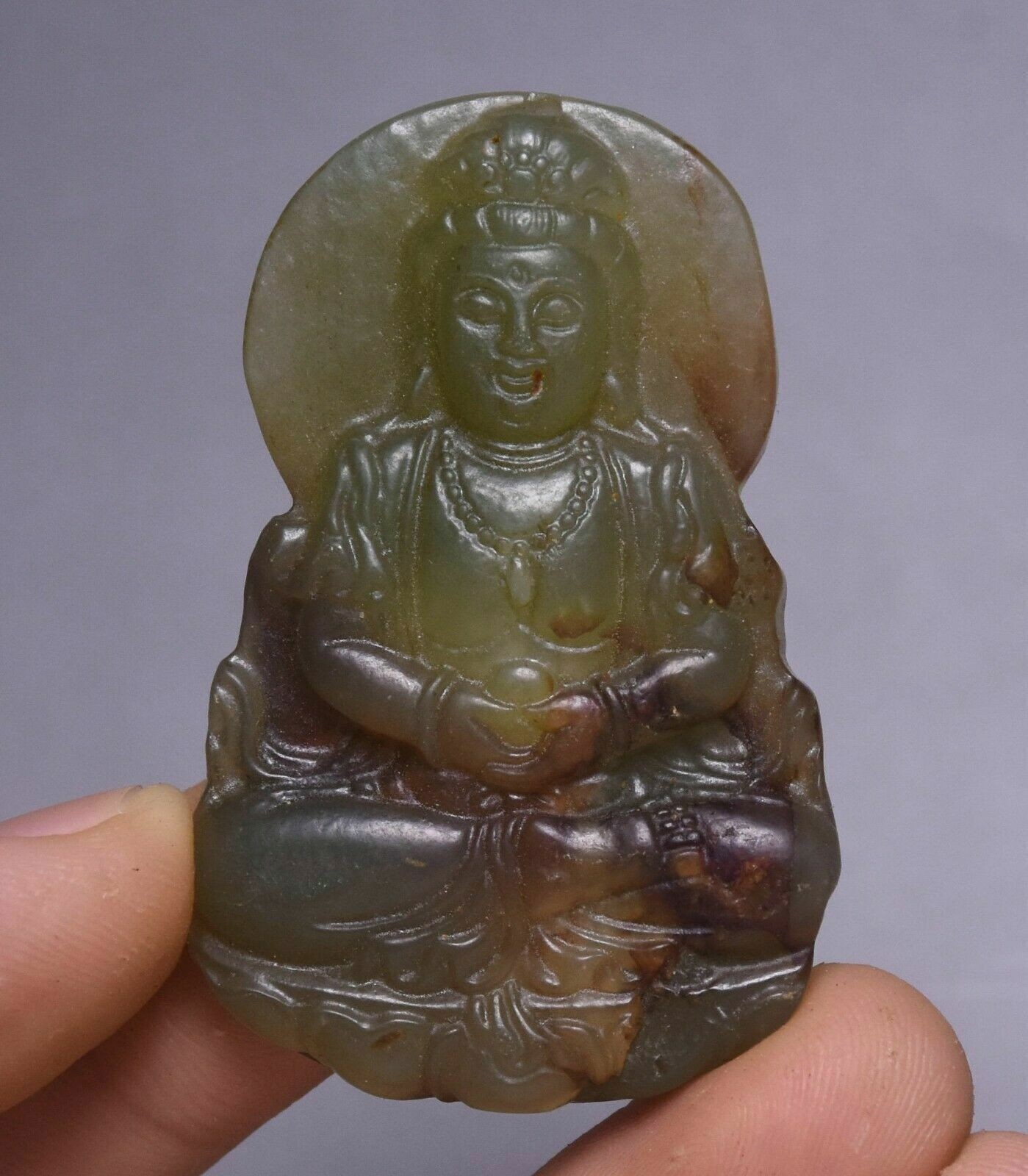 Old Chinese Hongshan Culture Hetain Green Jade Kwan-yin Guan Yin Amulet Pendant·
