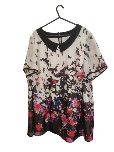 Blusa donna taglia 22/24 stampa floreale farfalla, sovrapposizione trasparente, foderata P15 - Foto 2 di 5