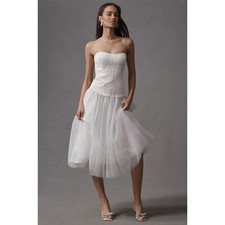 BHLDN Strapless Ivory Bridal Midi Dress Corset Satin Tulle NWT L