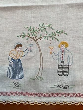 Vintage Kitchen Linen Tea Towel Hand Embroidered Colonial Couple Toasting Wine